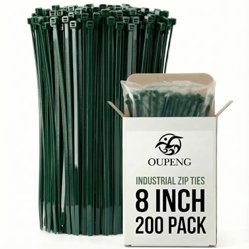 200PCS Nylon Zip Ties - 8 Inch Green Multi-Purpose Self Locking Cable Ties Ultra Strong Plastic Wire Ties with 40lb Tensile Strength Cable Ties for Indoor and Outdoor Use
