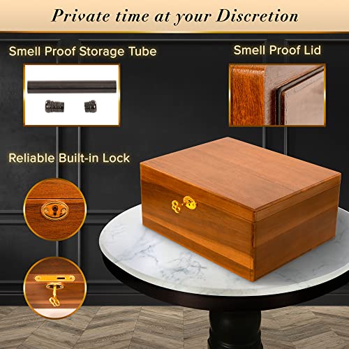 Moettik Premium Acacia Storage Box - Smell Proof Locking Design with Accessories - Removable Wood Tray, 3 Glass Jars, Storage Tube, Ceramic Tray, Brush, Brown, Upgraded Design 2024 - Image 4