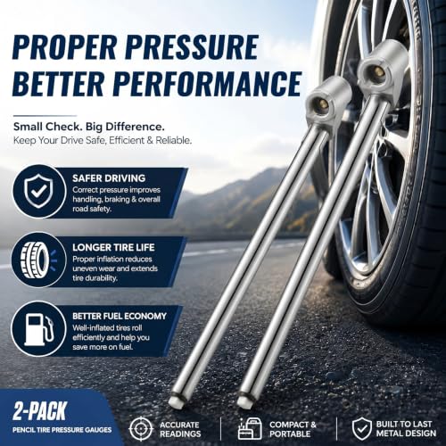 Image of BBTO 2 Pcs 10-120 Psi Low Pressure Tire Gauges Pencil Tire Gauges | Stainless Steel, Tire Gauges for Tire Pressure, Reverse Osmosis Tank, Garden Tractors, Golf Carts, Atv, Sports Equipment