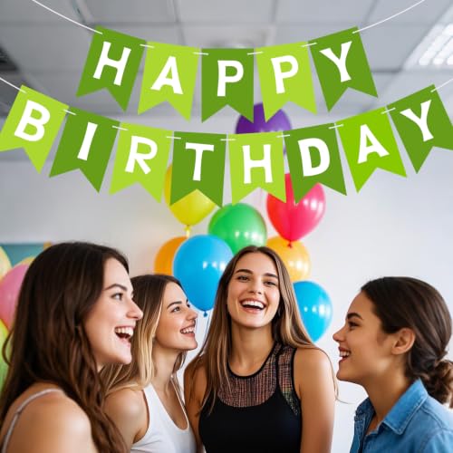 Image of Happy Birthday Banner Sign, Birthday Garland Wall Door Hanging Banners Flag for Women Men Boys Girls Party Backdrop Decorations, Personalized Name Banner White Letters Green