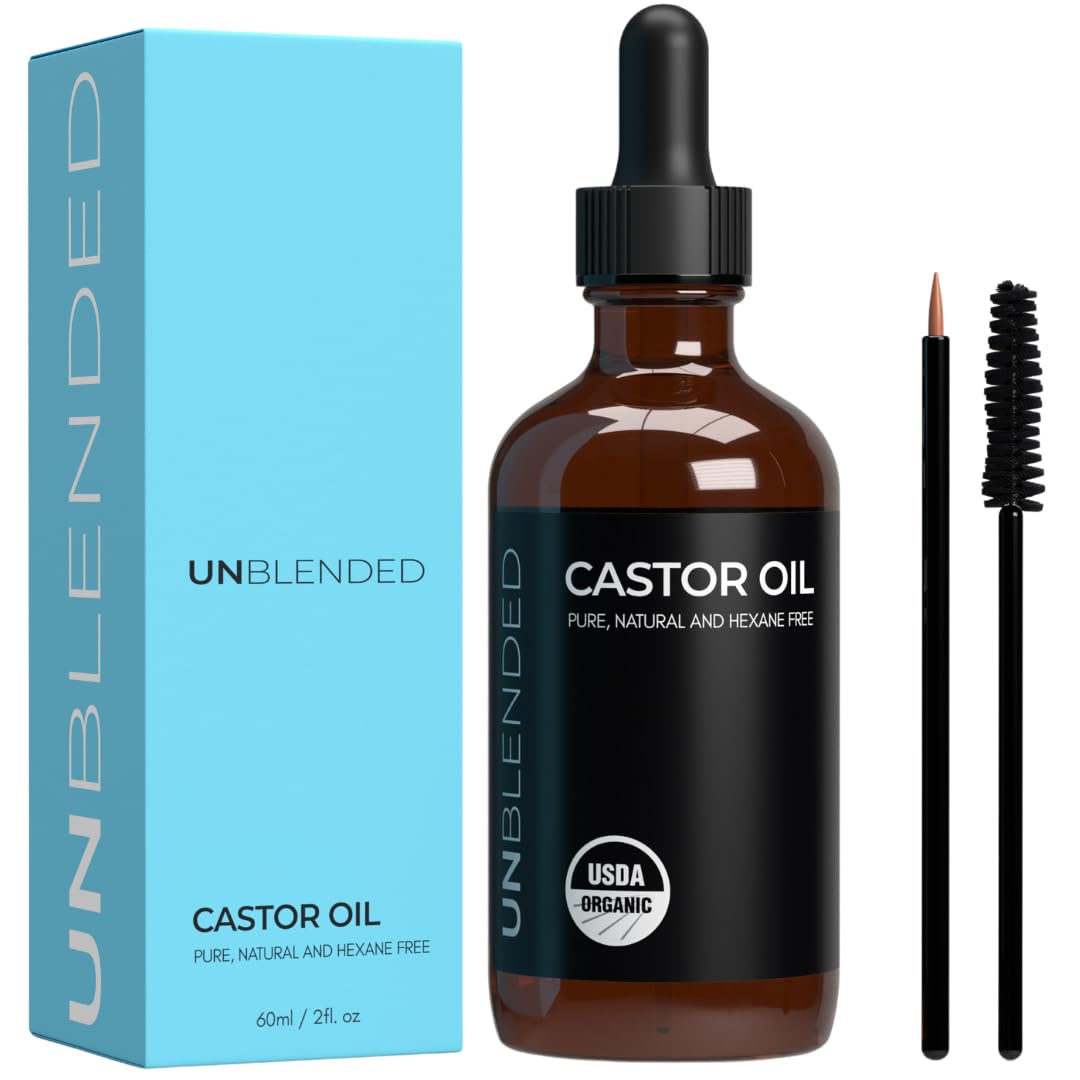 Pure Castor Oil by UNBLENDED – USDA Certified, 100% Pure Cold-Pressed – For Hair Growth, Lashes, Brows & Skin – Includes Lash & Brow Brushes – 60ml