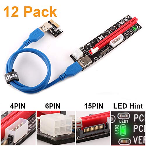Ubit 12 Pack Latest PCI-E Riser Express Cable 16X to 1X (6pin / MOLEX/SATA) with Led Graphics Extension Ethereum ETH Mining Powered Riser Adapter Card+60cm USB 3.0 Cable