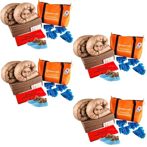 Image of Chemical Spill Kit OSHA Approved (4 Pack) - Biohazard Clean up Kit | Spill Kit for Oil, Water & Chemicals | Absorbent Pads, Socks, PPE, Biohazard Bags in Bright Orange Duffel Bag - 4 Pack