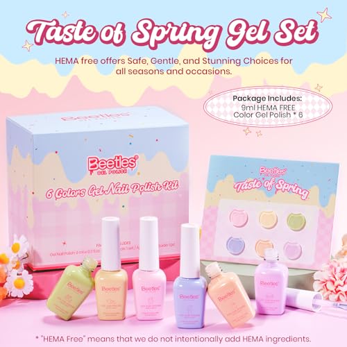 Image of Beetles Pastel Gel Polish Set - Taste of HEMA-FREE Gel, 6 Colors 9ML Pastel Pink Yellow Color Polish Set UV LED Lamp Salon DIY at Home Nails Gifts for Women