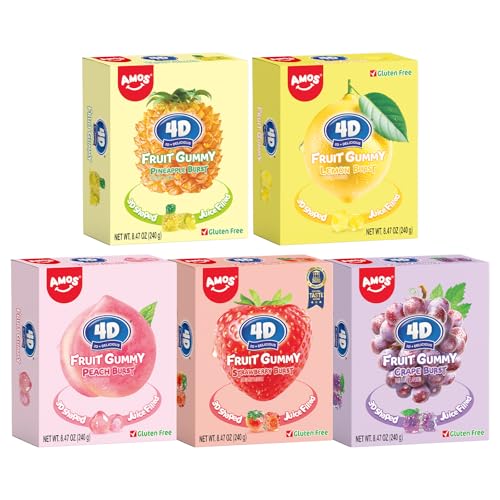 Amos 4D Burst Fruit Gummy Candy, Gluten Free, Assorted Fruit Flavors (Pineapple, Lemon, Peach, Strawberry, Grape), 8.47oz Box - Soft & Chewy,Juicy Bites, Natural Flavors, Snack Size