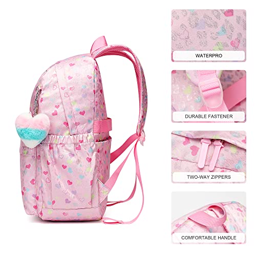 Reqinqin Kids Backpack Girls And Boys Pink Waterproof Large Space School Backpack Suitable For Age For Over 6 Years Old Lightweight Travel Cat Ear Heart Keychain Toddler Backpack（Pink Heart） #TOP4