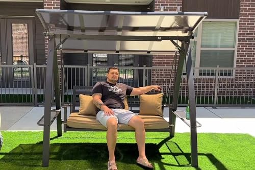 Image of PURPLE LEAF 2-Seat Porch Swing with Adjustable PVC Canopy Metal Patio Bench Glider Swing Bed Outdoor Swing Chair with Stand and Side Cup Holder for Outside Garden Porch, Cushion and Pillows Included