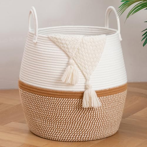 OIAHOMY 60L Blanket Basket with Handle, Storage Basket for Living Room, Laundry Hamper for Clothes, Towels, Pillows, Toy Storage for Kids and Dogs, Baby Hamper for Nursery - Brown & White