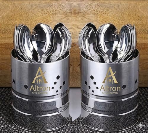 Image of ALTRON Stainless Steel Cutlery Holder Combo Set (2 Pcs) - Multipurpose Spoon Fork Knife Stand | Pen Holder, Toothbrush & Makeup Brush Organizer | Kitchen & Dining Table Utensil Storage