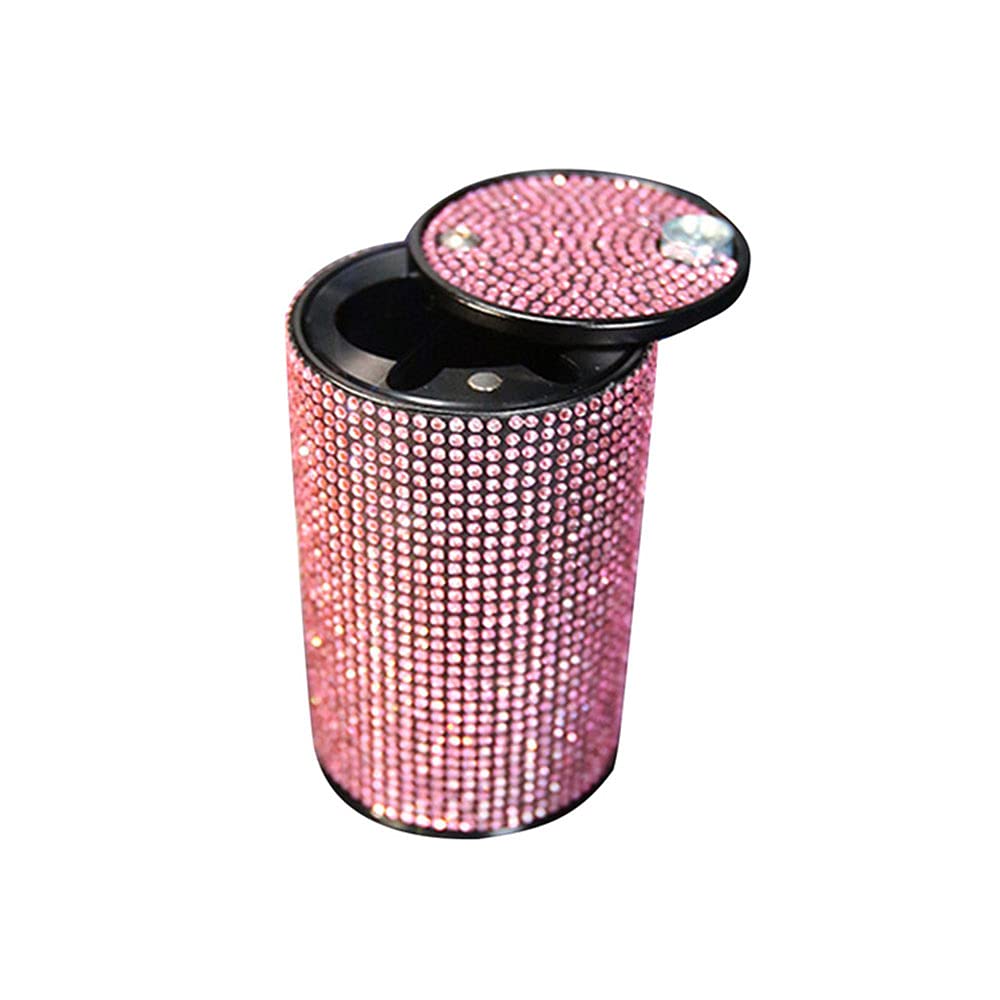 MINGZAIQIPEI Bling Diamond Car Cigarette Ashtray Auto Car Ashtray Portable with lid smell proof Crystal Diamond Car Ashtray for Women Mini Car Trash Can Ideal for Car Home and Office (Pink, A)