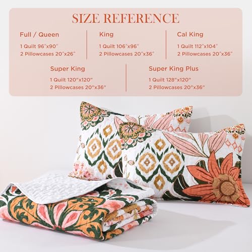 Image of Andency Floral Boho Quilt Super King Plus Size Bedding Set Pink, 3 Pieces Farmhouse Flower Botanical Summer Bedspreads with 2 Shams, Soft Reversible Polyester Coverlet Set for All Season, 128 inchx120 inch