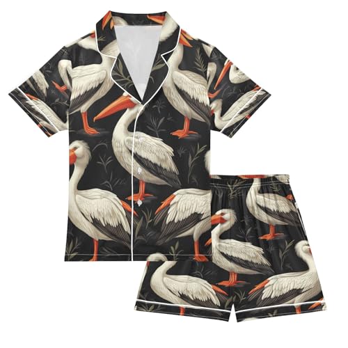 Satin Pajama Sets Short Sleeve Pelican Pattern Print Design Button Down Silky Nightwear 2 Piece PJS 5-14Y