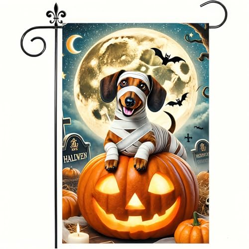 Image of Happy Halloween Garden Flags Ghost Dog Skeleton Dachshund Dog Small Yard Flag for Outdoor Decor 12x18 Inch Vertical Double Sided for Outside Decoration