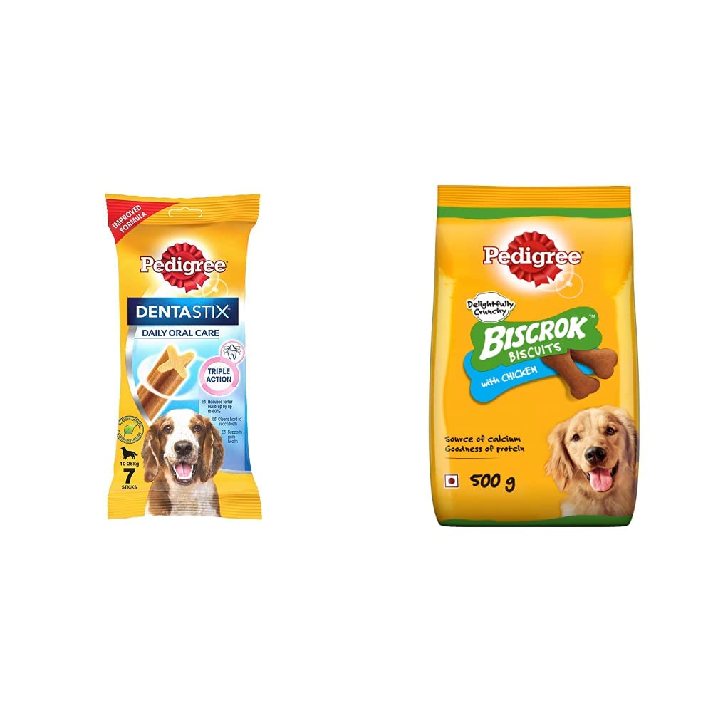Pedigree Dentastix Medium Breed (10-25 kg) Oral Care Dog Treat (Chew Sticks) (7 Sticks) 180g Weekly & Pedigree Biscrok Biscuits Dog Treats (Above 4 Months), Chicken Flavor, 500g (B08217XGNY) Amazon Price History, Amazon Price Tracker