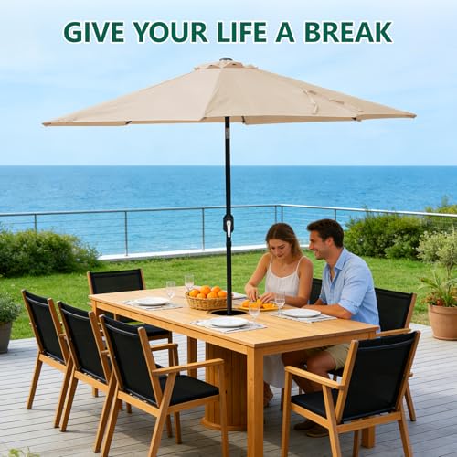 MAKE CHANGES 9FT Patio Umbrella, Outdoor Table Market Umbrella with Push Button Tilt & Crank, 8 Sturdy Ribs Waterproof UV Protection Fade-Resistant for Garden, Deck, Backyard, Pool, Khaki by MAKE CHANGES - Used condition - Image 5