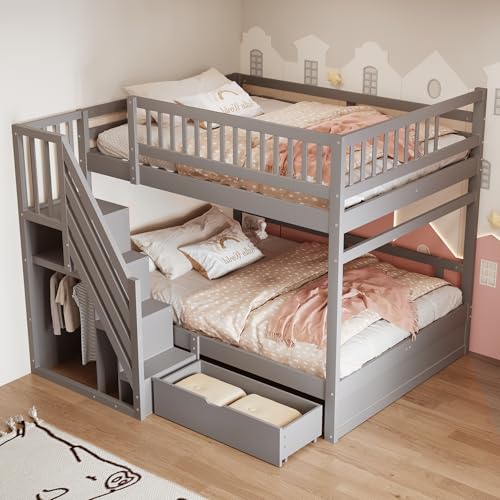 MURUL Litera de madera maciza, 140 x 200 cm, con rejilla de alta seguridad, con somier, escalera de seguridad con espacio de almacenamiento, con cajones de almacenamiento, cama infantil para cama