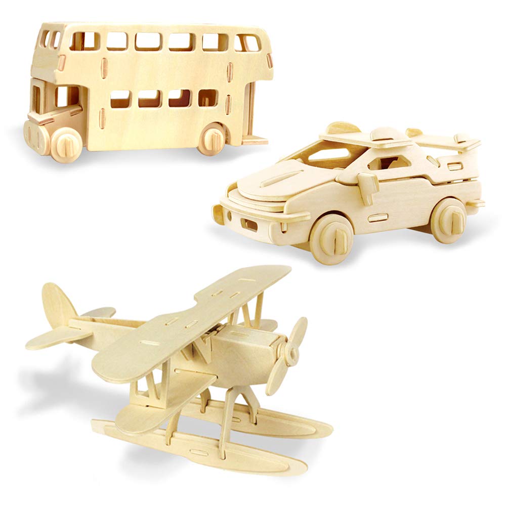 Georgie Porgy Woodcraft Construction Kits 3D Wooden Puzzle Jigsaw Wooden Model Kits for Kids Toy Age 5+ Pack of 3 (Seaplane Cars London Bus)