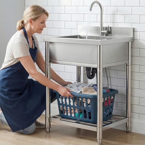 Stainless Steel Commercial Kitchen Sink, Free Standing, Single Bowl Sink Basin with Cold & Hot Water Faucet, Indoor and Outdoor Sink, 21.7 in