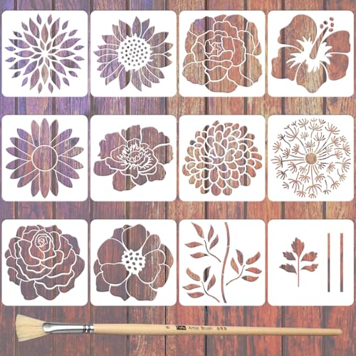 TWINKLEMON 12PCS Large Flower Stencils for Painting on Wood 12 x 12 Inch Giant Wall Stencil with Brushes Large Pattern Floral Stencils Sunflower Paint Stencil for Walls Garden Fence Furniture