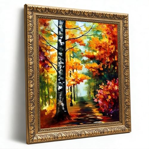 Golden Vintage Framed Autumn Birch Tree Path Canvas Wall Art, Vibrant Fall Foliage Forest Landscape Painting for Living Room Decor,Made in USA