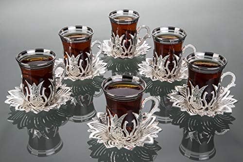 LaModaHome Turkish Arabic Tea Glasses Set of 6 with Saucers and Holders - Fancy Vintage Silver Handmade Set for Serving, Gift, Teatime