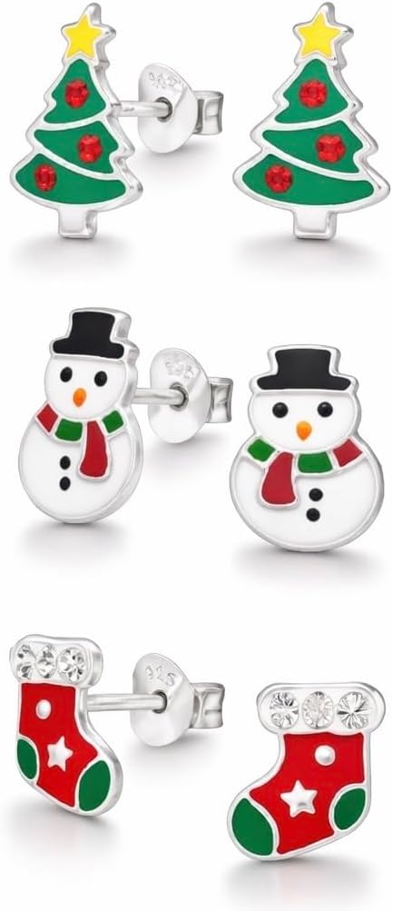925 Sterling Silver (SET OF 3) Christmas tree, stocking, snowman Stud Earrings