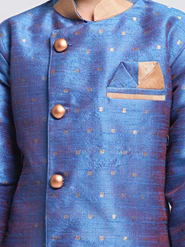 Image of JBN Creation Light Blue Cotton Silk Blend Boys Indo Wstern Style Sherwani Set