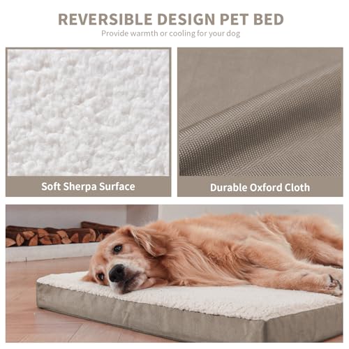 Image of Dog Crate Bed Washable Dog Beds for Large Dogs, Big Waterproof Orthopedic Dog Bed with Egg Crate Foam Pet Bed Mat, Removable Oxford Cooling Cover, Khaki White