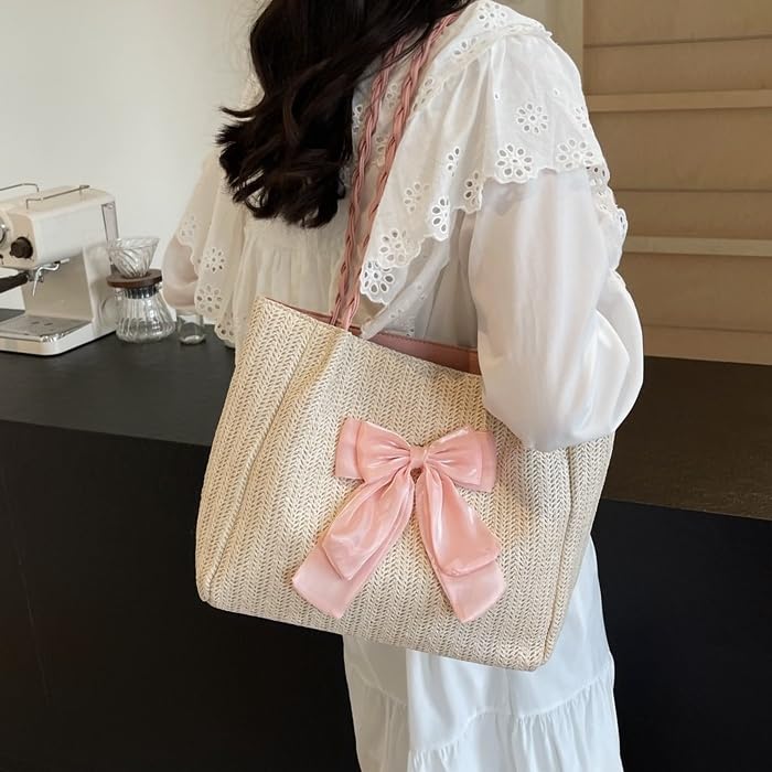Woven Tote Bag for Women Coquette Straw Purse Trendy Beach Woven Shoulder Bag Summer Spring Handbag Purses with Bow3