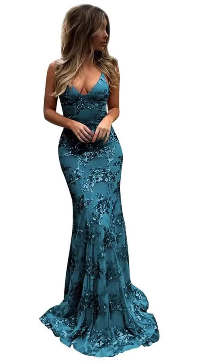PARPIS Bodycon Mermaid Prom Gowns for Women Tulle V-Neck Backless Evening Dresses Spaghetti Straps Train Formal Party Dress