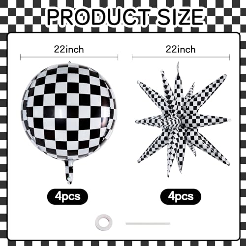 Image of TONIFUL 8Pcs 22Inch Black Checkered Large 4D Giant Round and Star Balloons Explosion Star Mylar Balloons Set for Christmas New Year Birthday Wedding Bridal Shower Anniversary Photo Booth Supplies