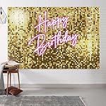 7x5ft Happy Birthday Backdrop Gold Shining Shimmer Wall Pink Neon Happy Birthday Photography Background Girls Women Birthday Party Banner Decorations Photo Studio Props - Image 4