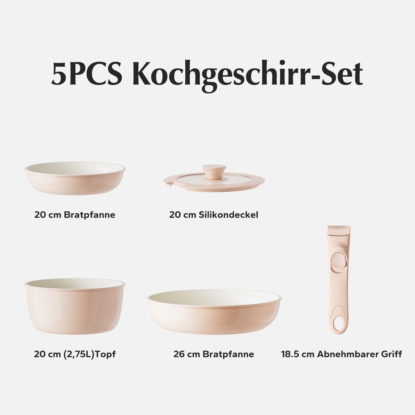 Redchef 5-cz.ceramiczny zestaw garnków i patelni, nieprzywierający, bez PFAS/PTFE/PFOA, bezpieczny w zmywarce i piekarniku, z odczepianą rączką (różowy)