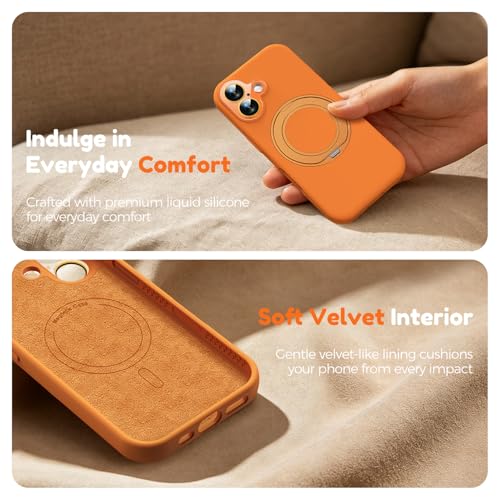 Image of Silicone 360 Spin Magnetic Stand Case for iPhone 17, [Compatible with Mag-Safe][Reinforced Hard Camera Protection]Shockproof Liquid Silicone Rubber Phone Case Cover with Ring, Camera Button, Orange