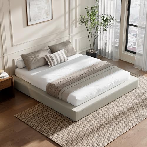 Image of RECCI AirFrame Bed Frame, Cloud Upholstered Platform Bed Frame, 5 Inch Fully Boxy Foam Cushioned, Square Shape Base, No Box Spring Needed, Easy Assembly, Soft Low-Profile (Cream Boucle, King)