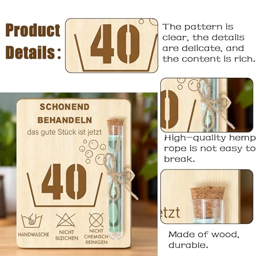 Geschenk zum 40 Geburtstag, Handgemachtes Holz-Geschenkset zum 40. Geburtstag – Exklusive Geschenkbox mit Holz-Wunschkarte, Gutschein-Umschlag, und transparentem Glasröhrchen, Perfekt für Glückwünsche