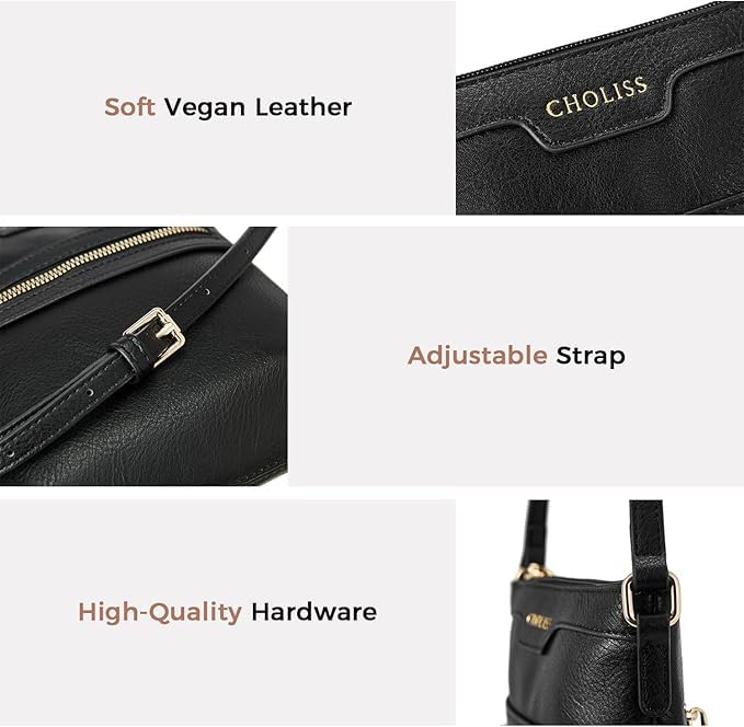 CHOLISS [BLACK*2] Medium and Small Crossbody Bags for Women, Small Purses for Women Vegan Leather Travel Over Shoulder Bag3