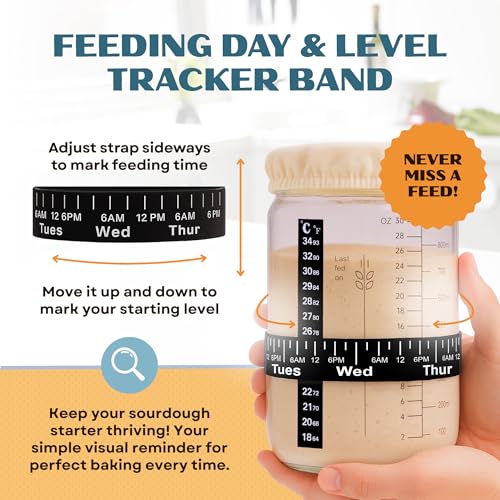 Image of Sourdough Starter Jar Kit 34oz - Wide Mouth Glass Jar with Thermometer Strip, Feeding Day Tracker, Silicone Spatula, Cloth Cover, Measuring Cups & Metal Lid for Homemade Artisan Sourdough Bread Baking