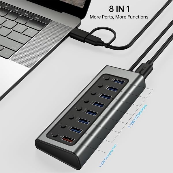 Hub USB de 8 puertos BENFEI con interruptores individuales para carga y datos rápidos 3