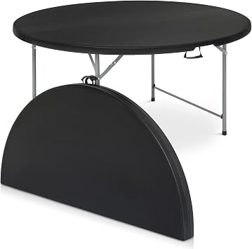 Magshion 65 Inch Round Folding Plastic Table, Black | Bi-Folding Design, Heavy Duty, Sturdy Metal Frame, Carry Handle, Ideal for Indoor Outdoor Dining Party Event Picnic