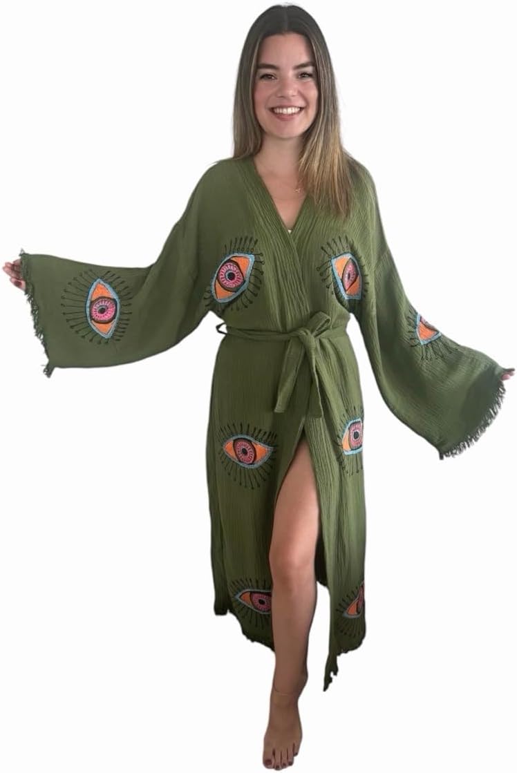 Green Evil Eye Robe For Women - Turkish Cottton Robe - Handmade Spa Kimono - Boho Long Cardigan - Dressing Gown - Image 2