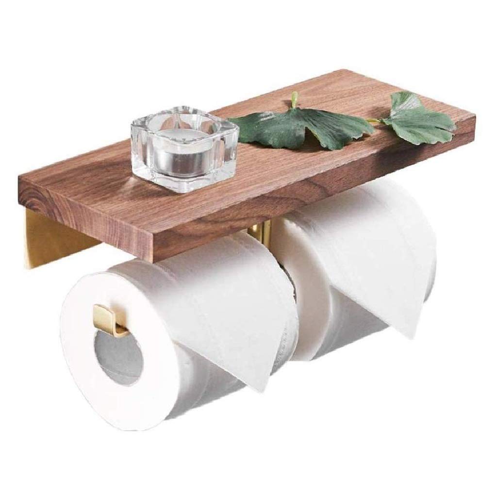 Aseo de papel de madera Holder-Industrial-doble del estilo del rollo del papel higiénico del titular, de latón de montaje en pared de tejido dispensador de rack con el estante de madera de alma