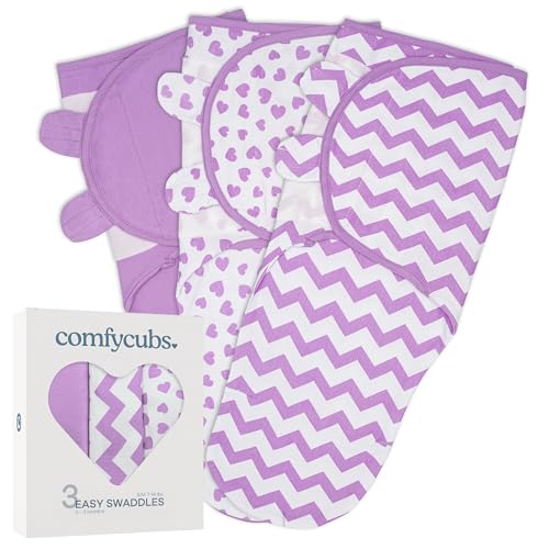 Image of Comfy Cubs Easy Swaddle Blanket, 3 Pack - 100% Cotton Newborn Wrap, Small for 0-3 Months Infants, with Adjustable Velcro, Breathable and Durable Sleep Sack for Babies - Purple