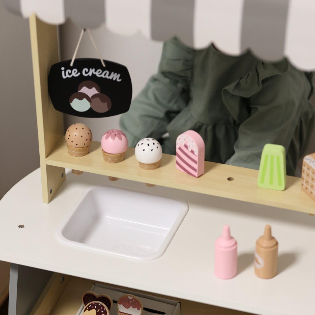 Mamabrum Holz Eisdiele für Kinder 3+, Rollwagen mit EIS, Spielen, Dezentes Design, Reichhaltige Accessoires, Entwickelt Kreativität und Soziale Fähigkeiten