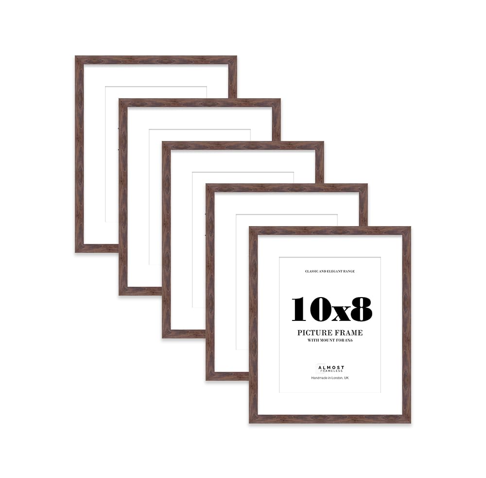Walnut Picture Frame 10x8 With 8x6 Mount for Photos - Wall & Table Display, Landscape or Portrait, 5 Pack