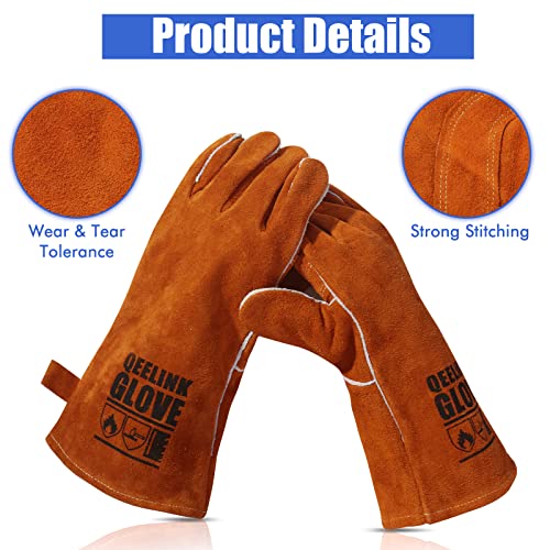Qeelink Welding Gloves - Heat & Wear Resistant Lined Leather And Fireproof Stitching - For Welders/Fireplace/Bbq/Gardening (14-Inch, Brown) #TOP2