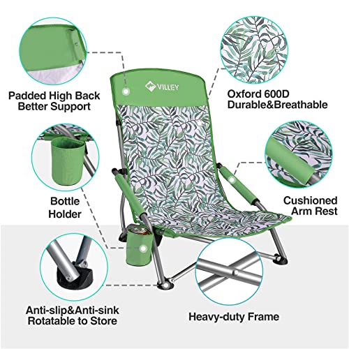 Villey Low Beach Chairs For Adults 2 Pack, High Back Folding Beach Chairs, Lightweight And Portable For Outdoor, Beach, Camping, Lawn, With Cup Holder And Carry Bag-Green Tropical Leaves #TOP4