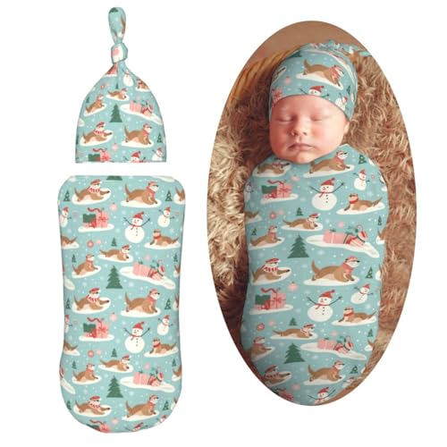 Image of Winter Otters and Snowmen Newborn Swaddle Blankets Hat Sets Soft Baby Receiving Blanket Swaddle Sack for Baby Shower Infant Boy Girl Gift