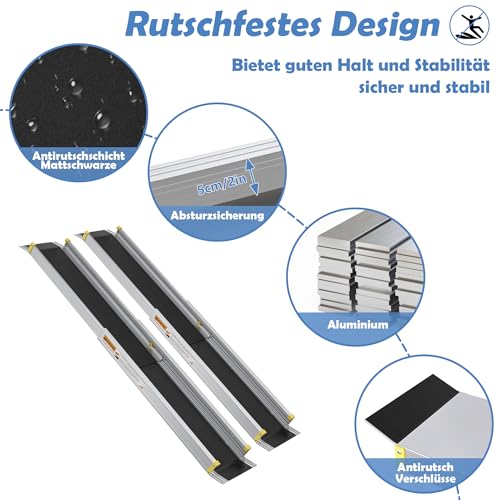 UISEBRT 2 x Rollstuhlrampe für Rollstuhl Teleskop Rollstuhlrampe Aluminium Auffahrrampe Verstellbare Teleskoprampe Ladenkapazität für Treppe bis 300 kg (75.5-122cm)