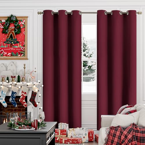 Image of YoungsTex Burgundy Blackout Curtains 84 Inches Length for Living Room - Thermal Insulated with Grommet Room Darkening Bedroom Drapes Room Divider, 2 Panels, 42 x 84 Inch